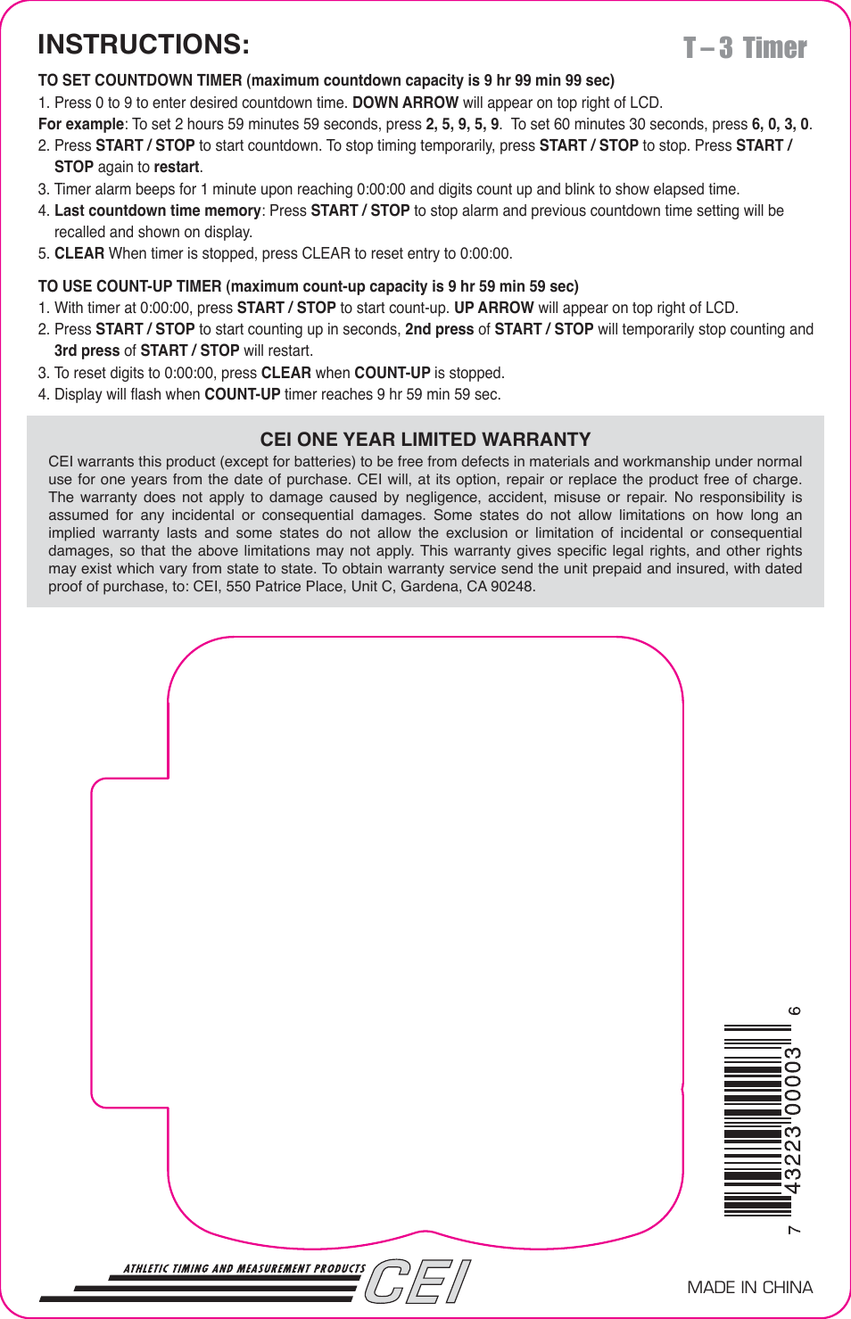 Instructions: t – 3 timer | CEI T-3 ULTRAK User Manual | Page 2 / 2