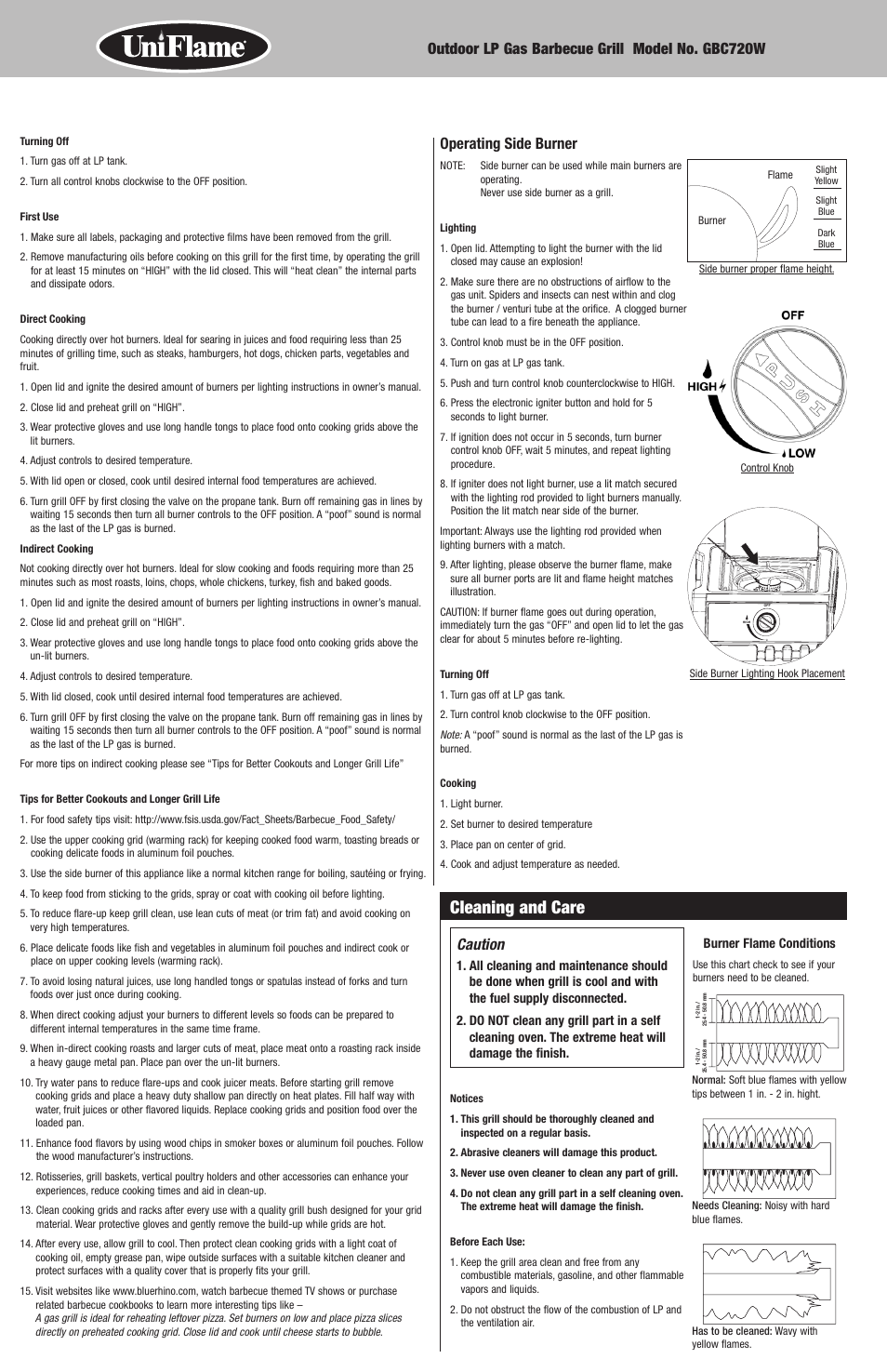 Cleaning and care, Operating side burner, Caution | Blue Rhino GBC720W User Manual | Page 10 / 24