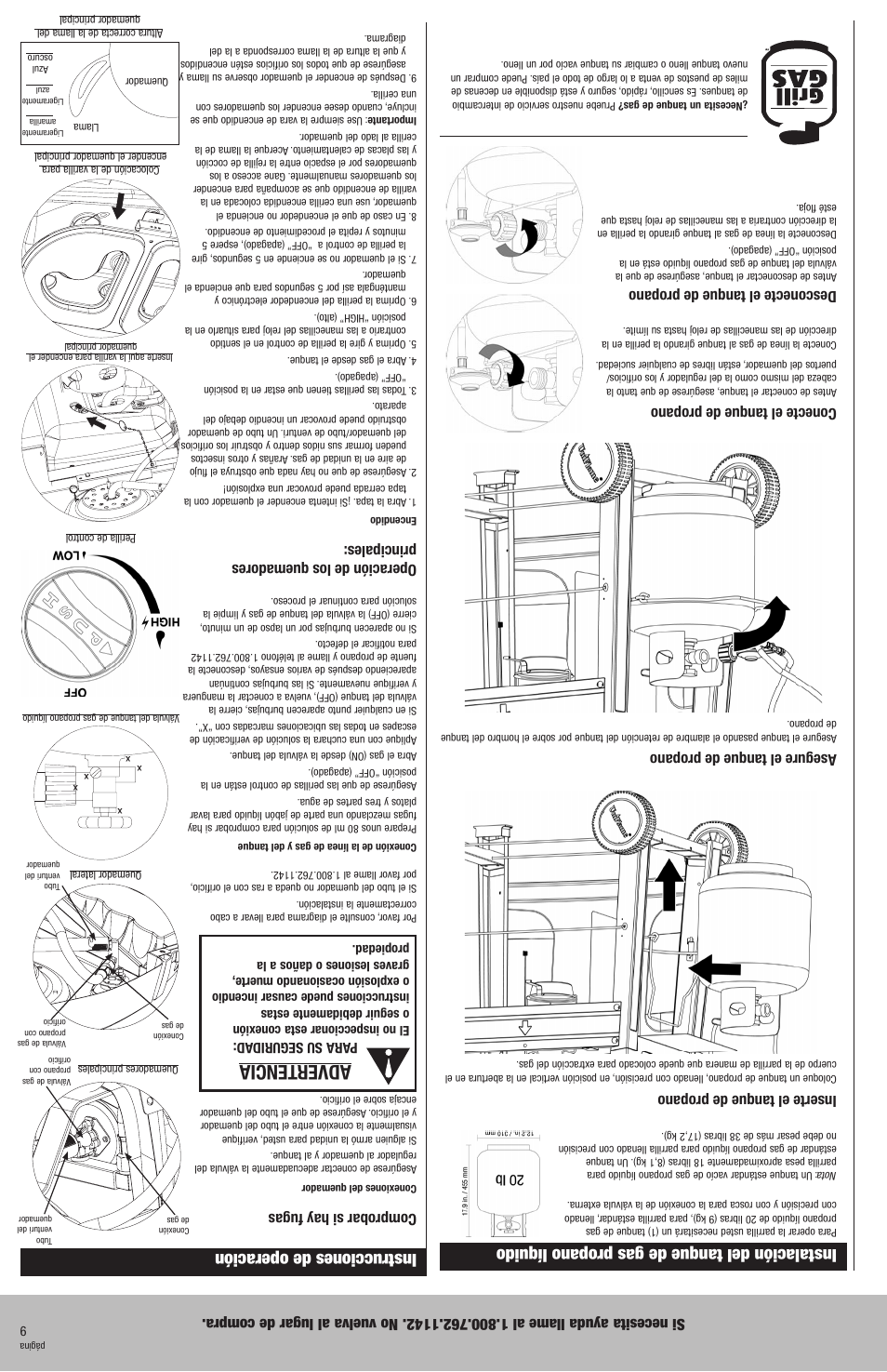 Advertencia, Instrucciones de operación, Instalación del tanque de gas propano líquido | Comprobar si hay fugas, Operación de los quemadores principales, Inserte el tanque de propano, Asegure el tanque de propano, Conecte el tanque de propano, Desconecte el tanque de propano | Blue Rhino GBC720W User Manual | Page 16 / 24