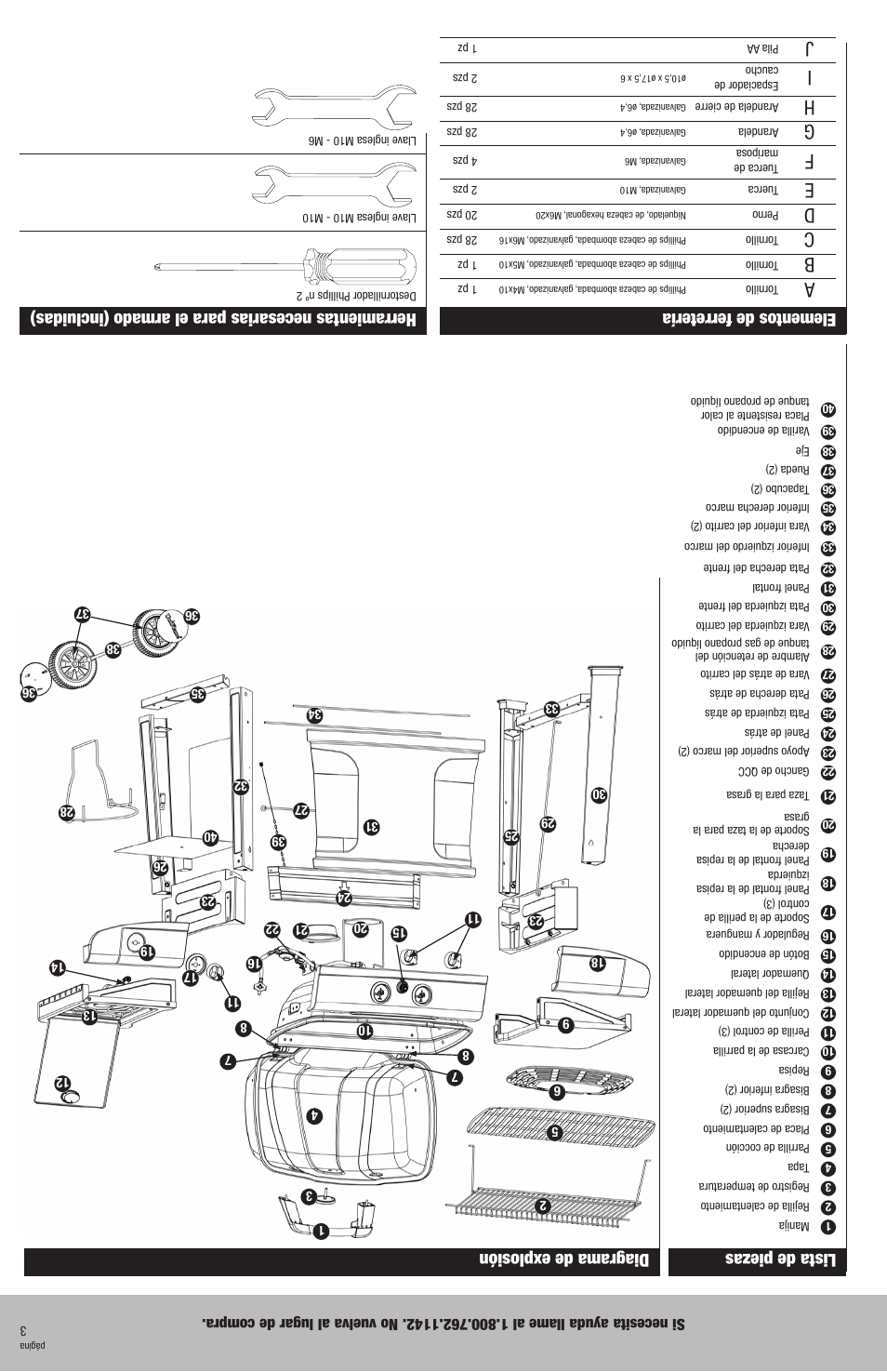 Herramientas necesarias para el armado (incluidas), Lista de piezas, Diagrama de explosión elementos de ferretería | Blue Rhino GBC720W User Manual | Page 22 / 24