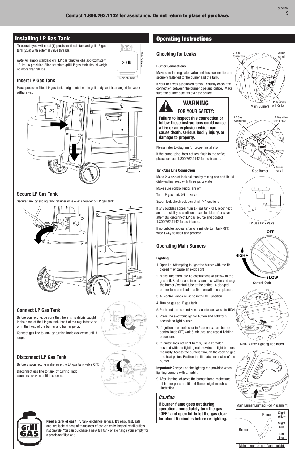 Warning, Installing lp gas tank, Operating instructions | Insert lp gas tank, Secure lp gas tank, Connect lp gas tank, Disconnect lp gas tank, Checking for leaks, Operating main burners, Caution | Blue Rhino GBC720W User Manual | Page 9 / 24