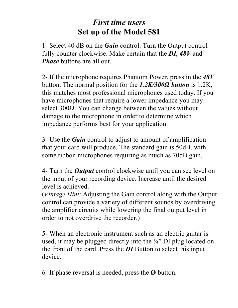 First time users set up of the model 581 | Chameleon Labs 500 Series User Manual | Page 6 / 8
