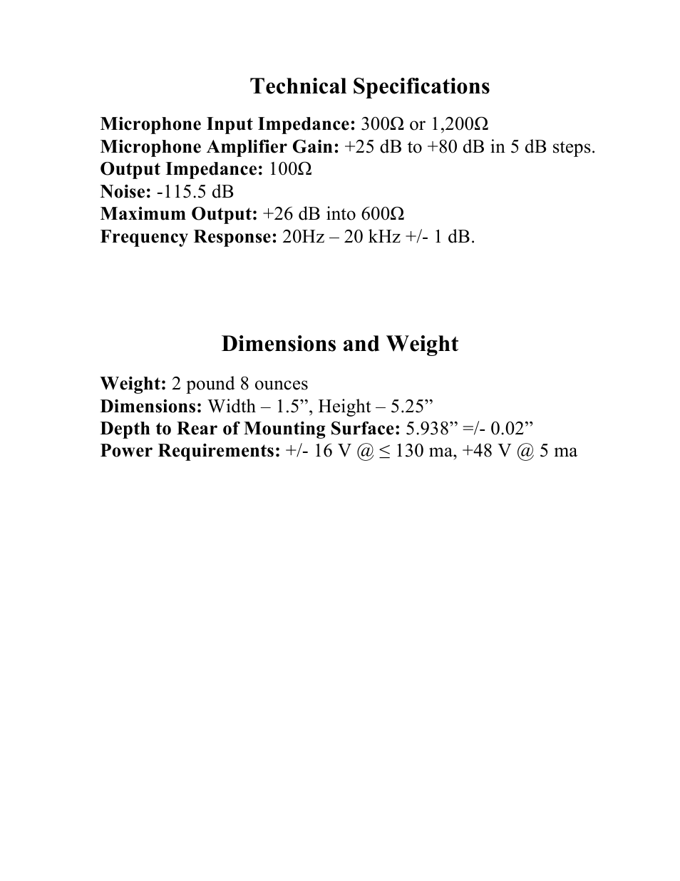 Technical specifications, Dimensions and weight | Chameleon Labs 500 Series User Manual | Page 7 / 8