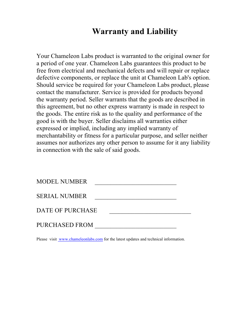 Warranty and liability | Chameleon Labs 500 Series User Manual | Page 8 / 8