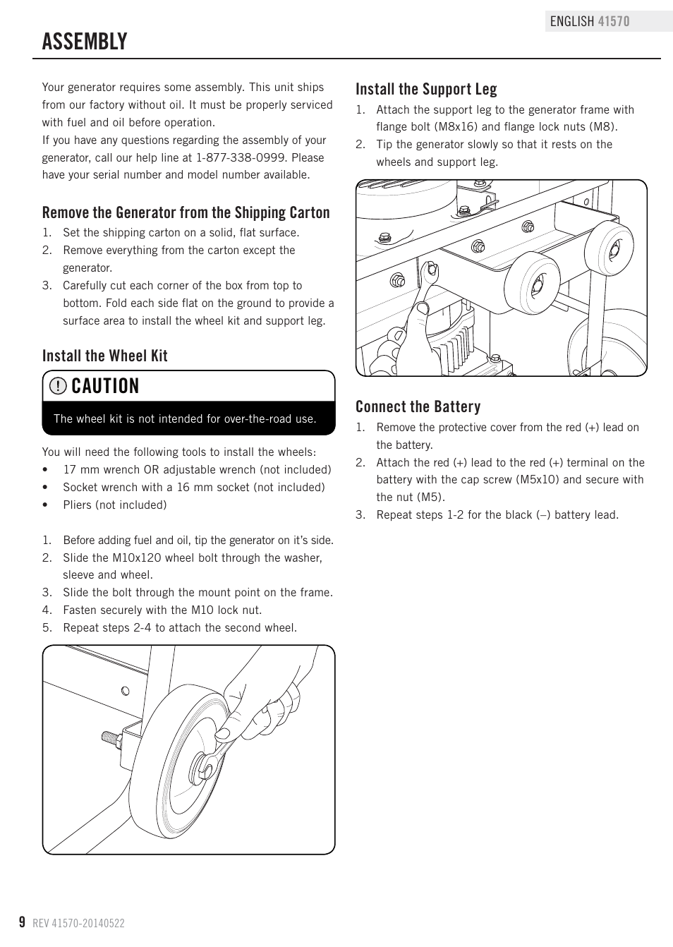 Assembly, Caution, Remove the generator from the shipping carton | Install the wheel kit, Install the support leg, Connect the battery | Champion Power Equipment 41570 User Manual | Page 12 / 32