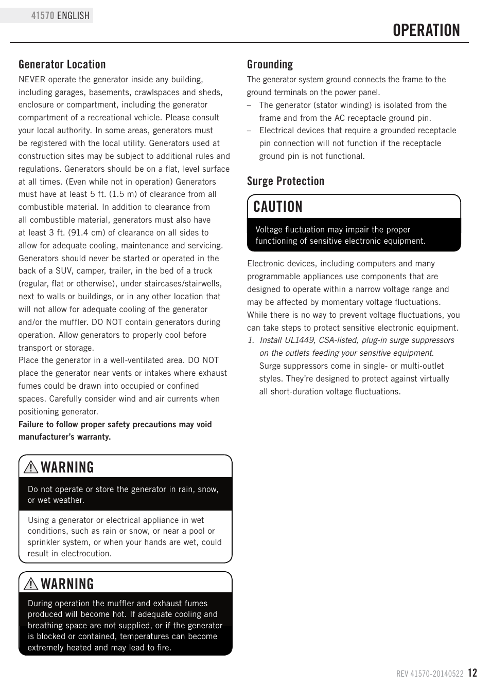 Operation, Warning, Caution | Generator location, Surge protection, Grounding | Champion Power Equipment 41570 User Manual | Page 15 / 32