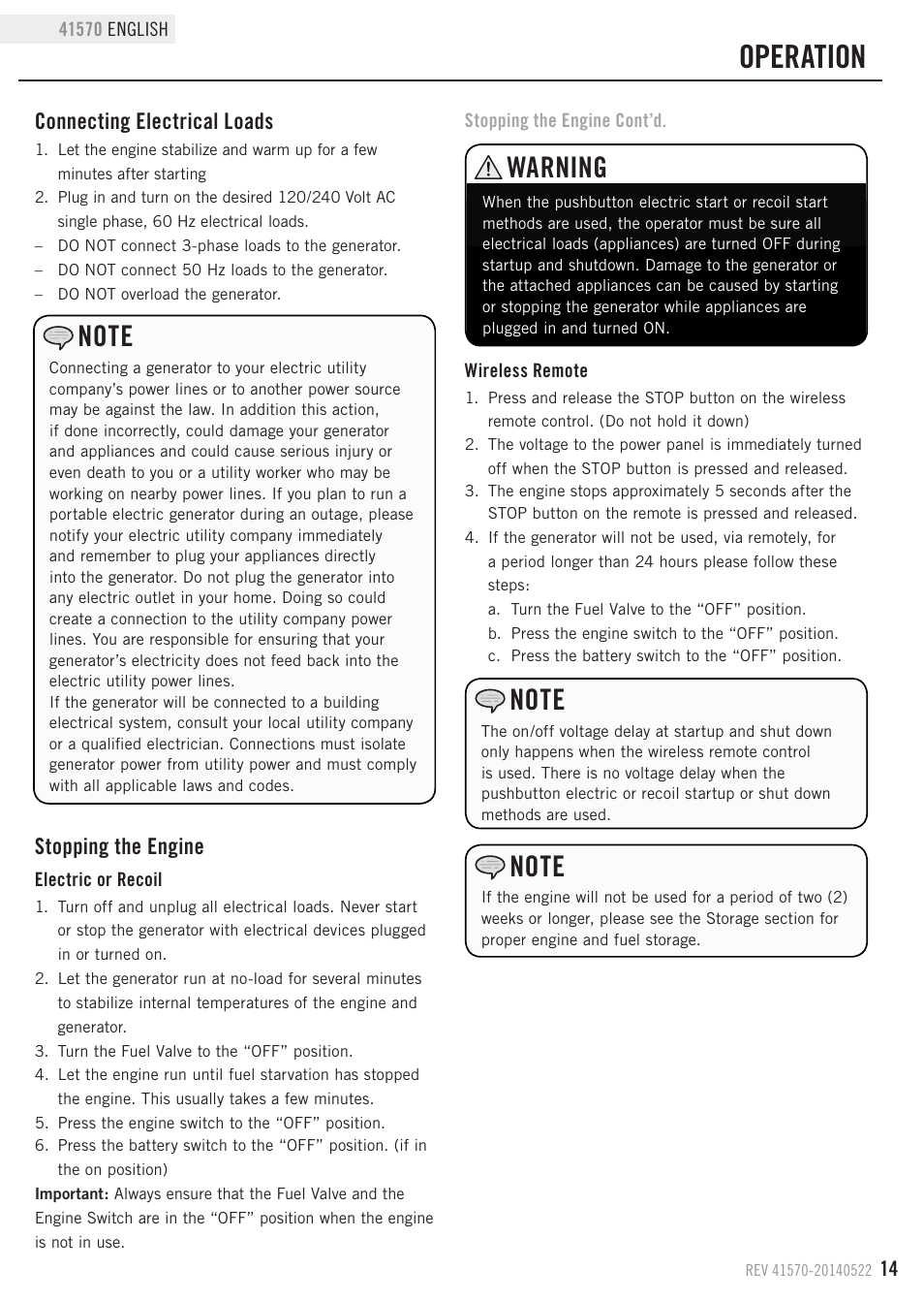 Operation, Warning, Connecting electrical loads | Stopping the engine | Champion Power Equipment 41570 User Manual | Page 17 / 32