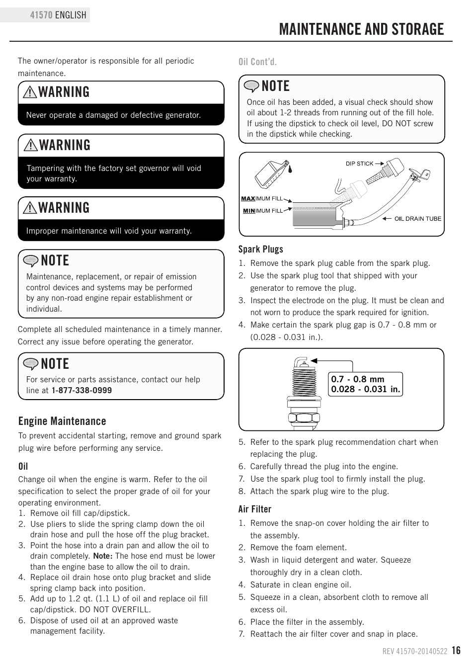 Maintenance and storage, Warning, Engine maintenance | Champion Power Equipment 41570 User Manual | Page 19 / 32