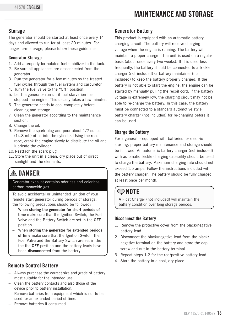 Maintenance and storage, Danger, Storage | Remote control battery generator battery | Champion Power Equipment 41570 User Manual | Page 21 / 32