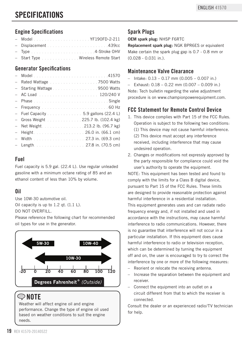 Specifications, Fcc statement for remote control device, Fuel | Maintenance valve clearance, Spark plugs, Generator specifications, Engine specifications | Champion Power Equipment 41570 User Manual | Page 22 / 32