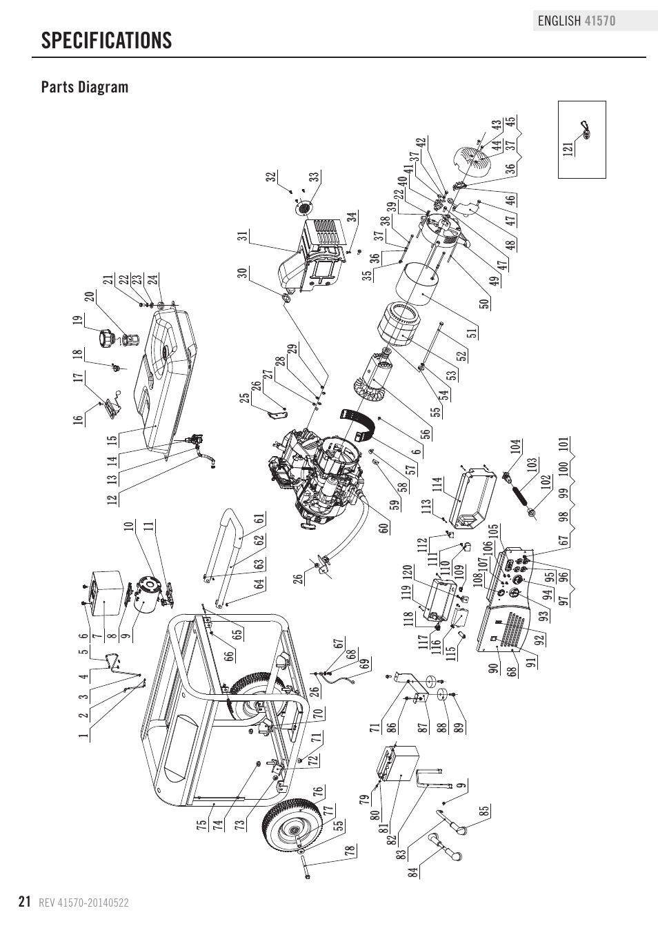 Specifications, Parts diagram | Champion Power Equipment 41570 User Manual | Page 24 / 32