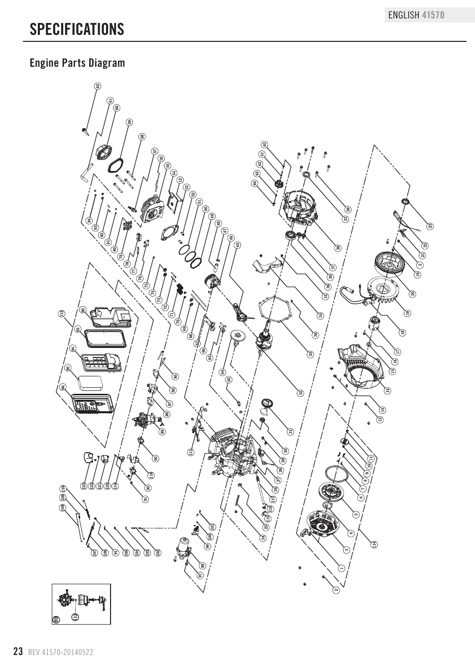 Specifications, Engine parts diagram | Champion Power Equipment 41570 User Manual | Page 26 / 32