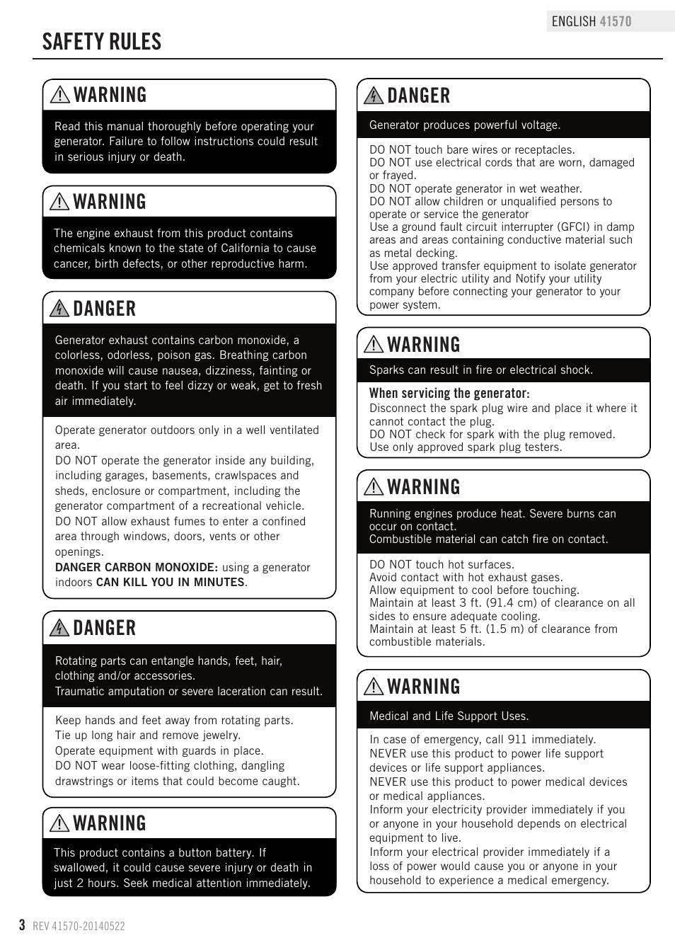 Safety rules, Danger, Warning | Champion Power Equipment 41570 User Manual | Page 6 / 32