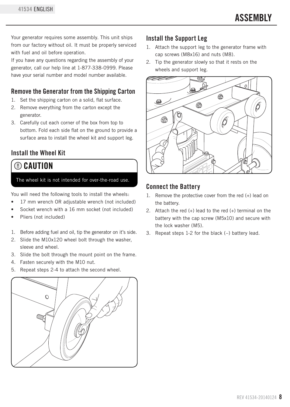 Assembly, Caution, Remove the generator from the shipping carton | Install the wheel kit, Install the support leg, Connect the battery | Champion Power Equipment 41534 User Manual | Page 11 / 30