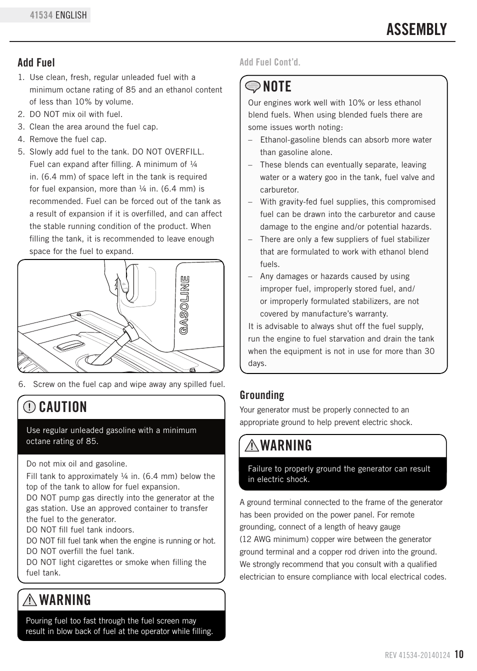 Assembly, Warning, Caution | Grounding, Add fuel | Champion Power Equipment 41534 User Manual | Page 13 / 30