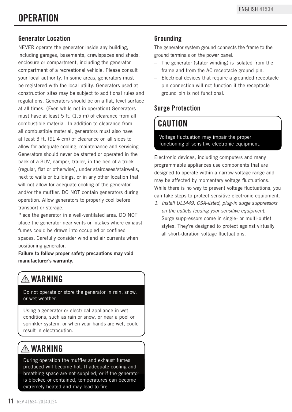 Operation, Warning, Caution | Generator location, Surge protection, Grounding | Champion Power Equipment 41534 User Manual | Page 14 / 30