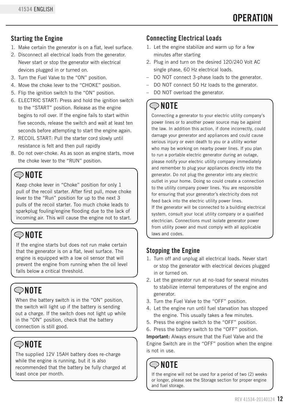 Operation, Connecting electrical loads, Stopping the engine | Starting the engine | Champion Power Equipment 41534 User Manual | Page 15 / 30