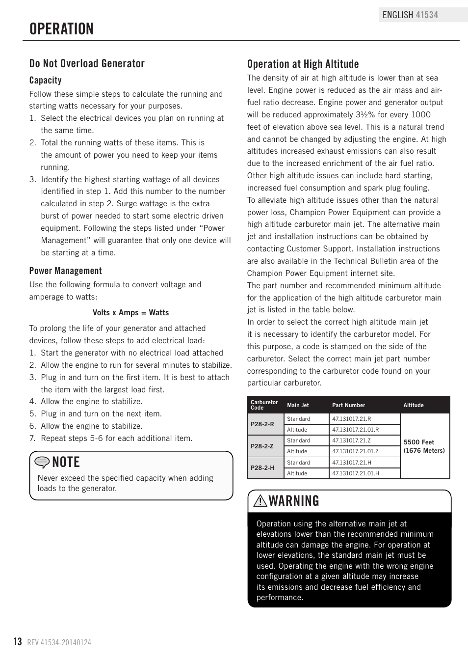 Operation, Warning, Do not overload generator | Operation at high altitude | Champion Power Equipment 41534 User Manual | Page 16 / 30