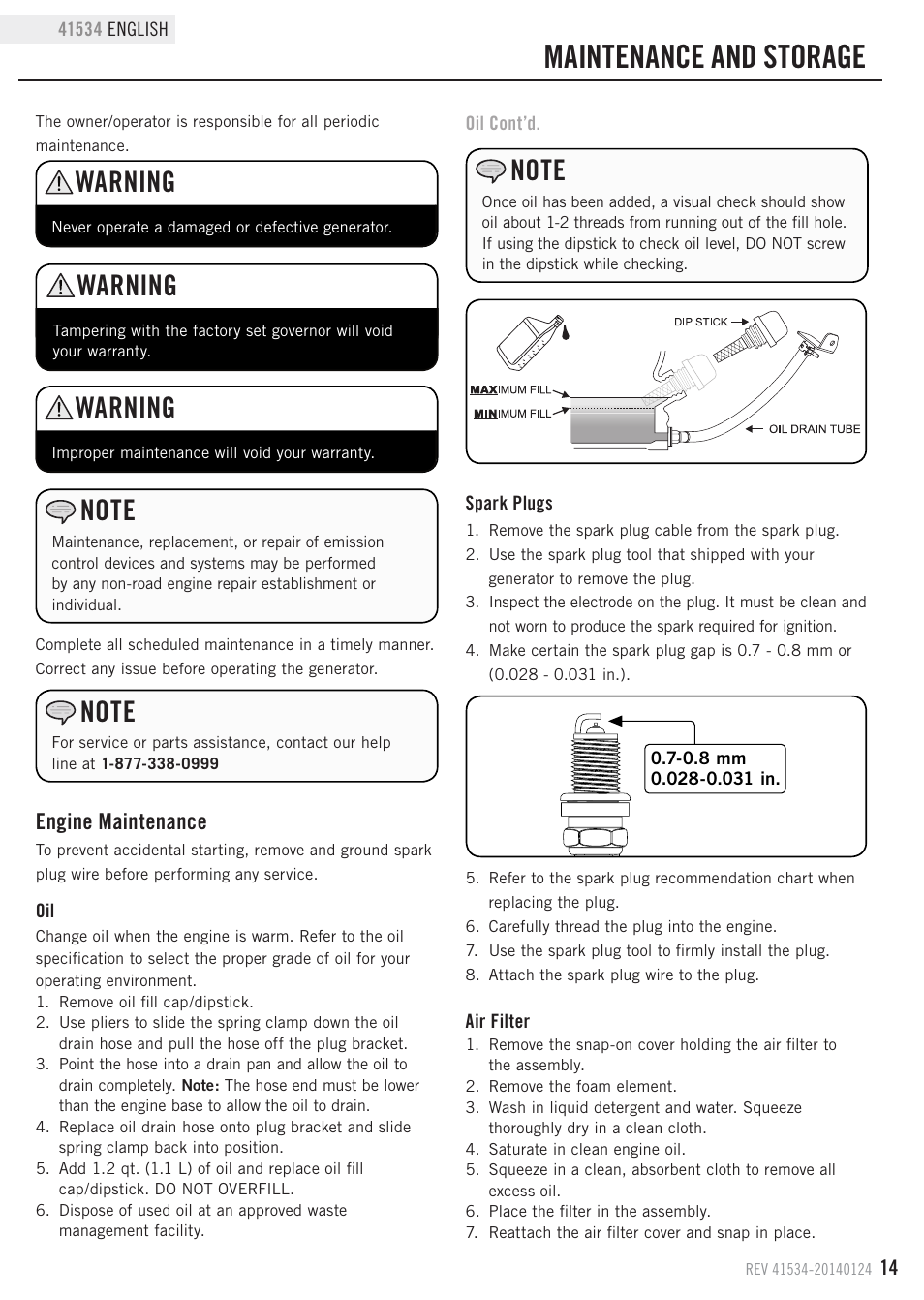 Maintenance and storage, Warning, Engine maintenance | Champion Power Equipment 41534 User Manual | Page 17 / 30