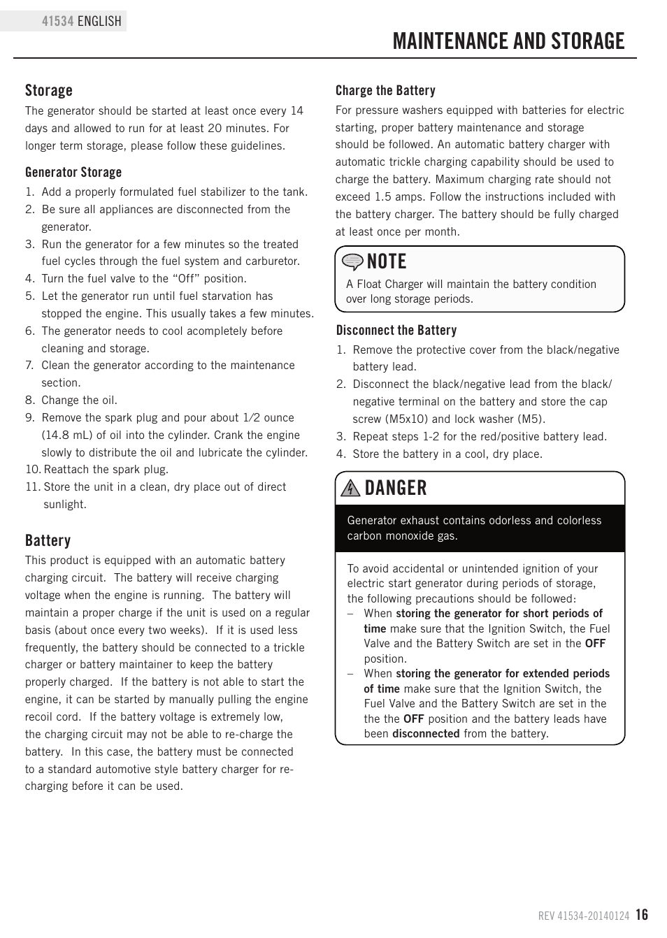 Maintenance and storage, Danger, Storage | Battery | Champion Power Equipment 41534 User Manual | Page 19 / 30