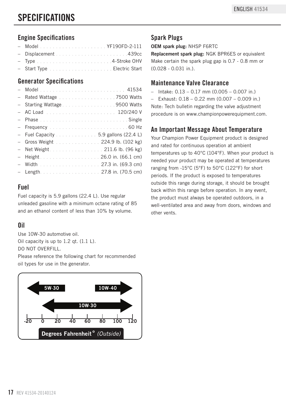 Specifications, Fuel, Generator specifications | Maintenance valve clearance, Engine specifications, Spark plugs, An important message about temperature | Champion Power Equipment 41534 User Manual | Page 20 / 30