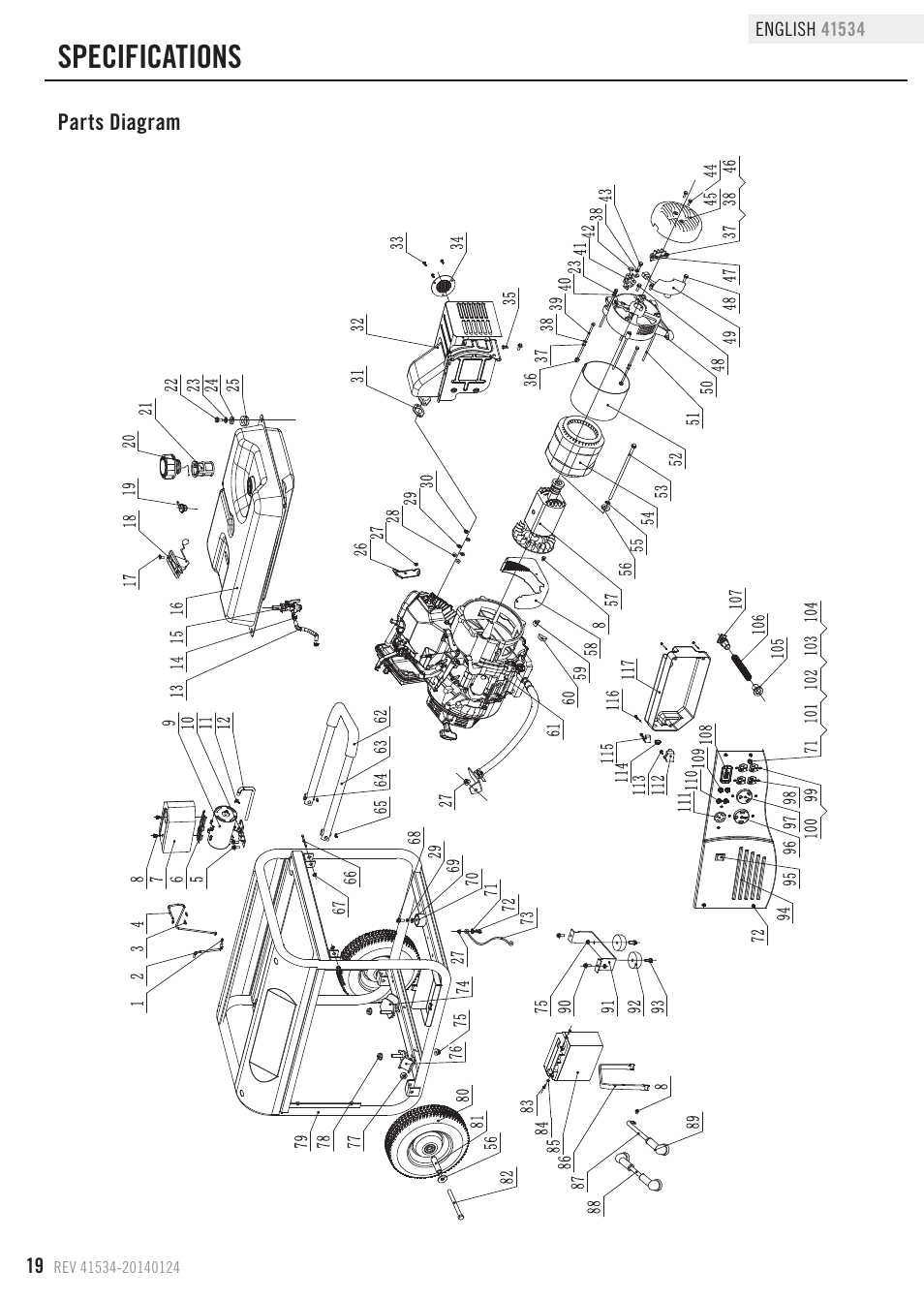 Specifications, Parts diagram | Champion Power Equipment 41534 User Manual | Page 22 / 30