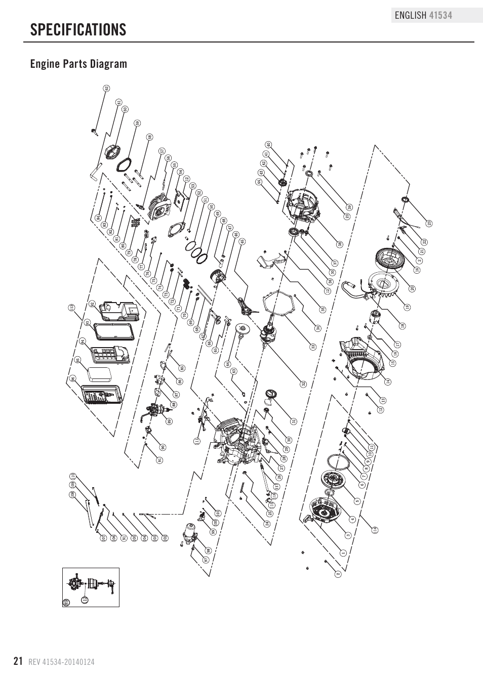 Specifications, Engine parts diagram | Champion Power Equipment 41534 User Manual | Page 24 / 30