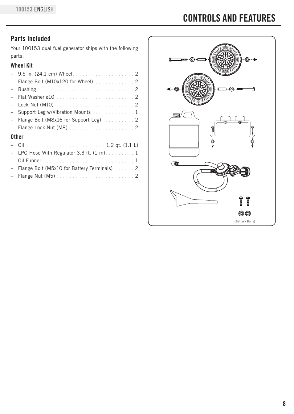 Controls and features, Parts included | Champion Power Equipment 100153 User Manual | Page 11 / 34