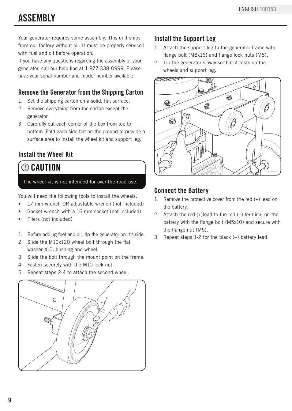 Assembly, Caution, Remove the generator from the shipping carton | Install the wheel kit, Install the support leg, Connect the battery | Champion Power Equipment 100153 User Manual | Page 12 / 34