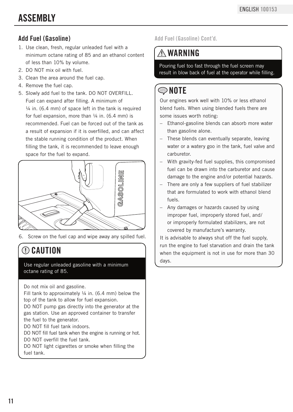 Assembly, Caution, Warning | Add fuel (gasoline) | Champion Power Equipment 100153 User Manual | Page 14 / 34