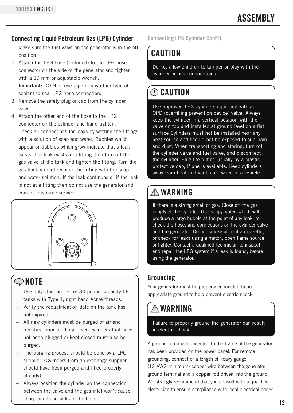 Assembly, Caution, Warning | Grounding, Connecting liquid petroleum gas (lpg) cylinder | Champion Power Equipment 100153 User Manual | Page 15 / 34