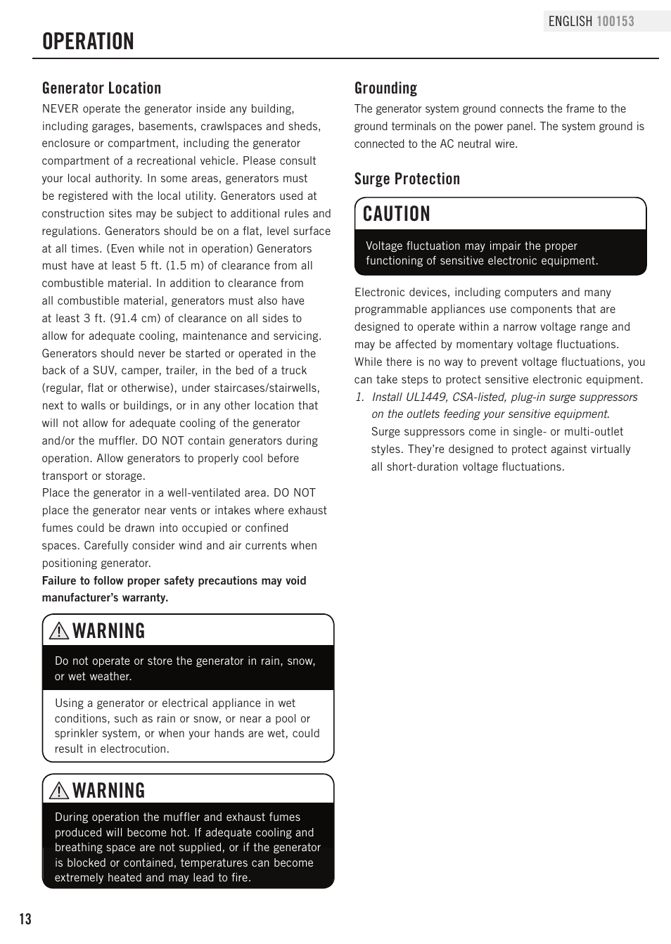 Operation, Warning, Caution | Champion Power Equipment 100153 User Manual | Page 16 / 34