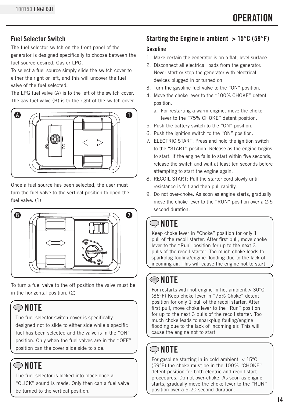 Operation, Fuel selector switch, Starting the engine in ambient > 15°c (59°f) | Champion Power Equipment 100153 User Manual | Page 17 / 34