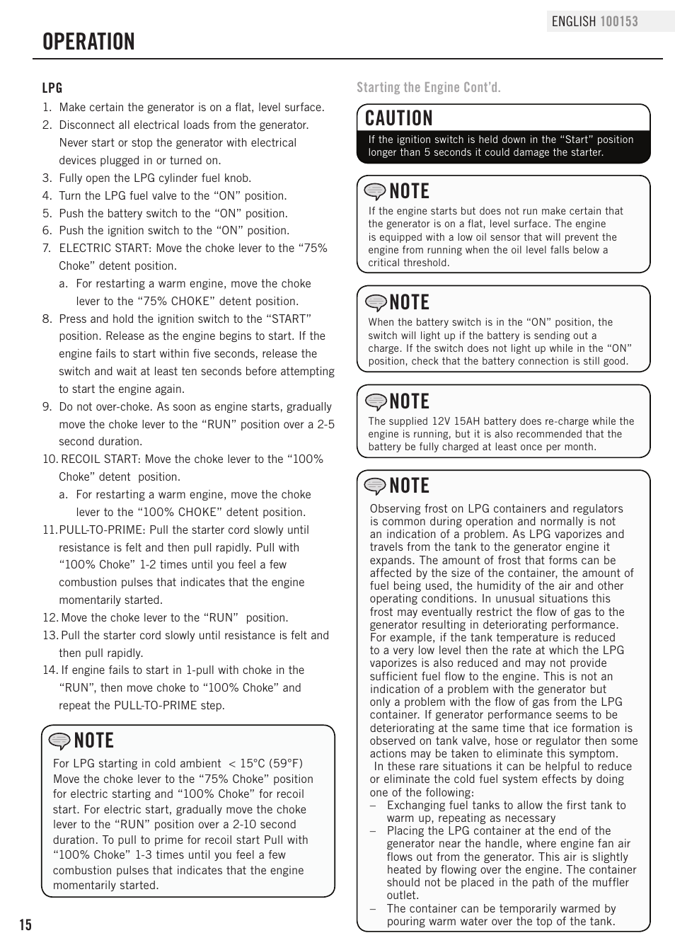 Operation, Caution | Champion Power Equipment 100153 User Manual | Page 18 / 34