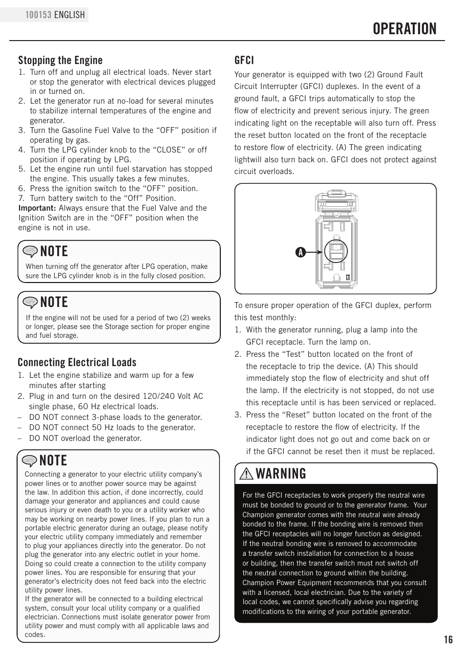 Operation, Warning, Gfci | Connecting electrical loads, Stopping the engine | Champion Power Equipment 100153 User Manual | Page 19 / 34