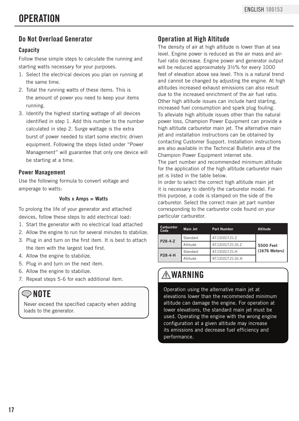 Operation, Warning, Operation at high altitude | Do not overload generator | Champion Power Equipment 100153 User Manual | Page 20 / 34