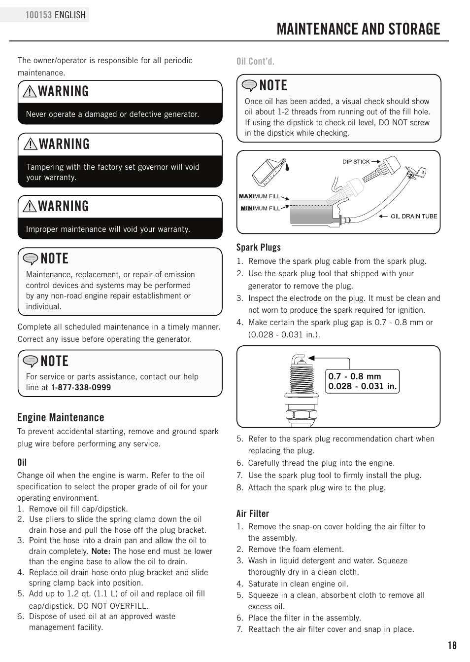 Maintenance and storage, Warning, Engine maintenance | Champion Power Equipment 100153 User Manual | Page 21 / 34