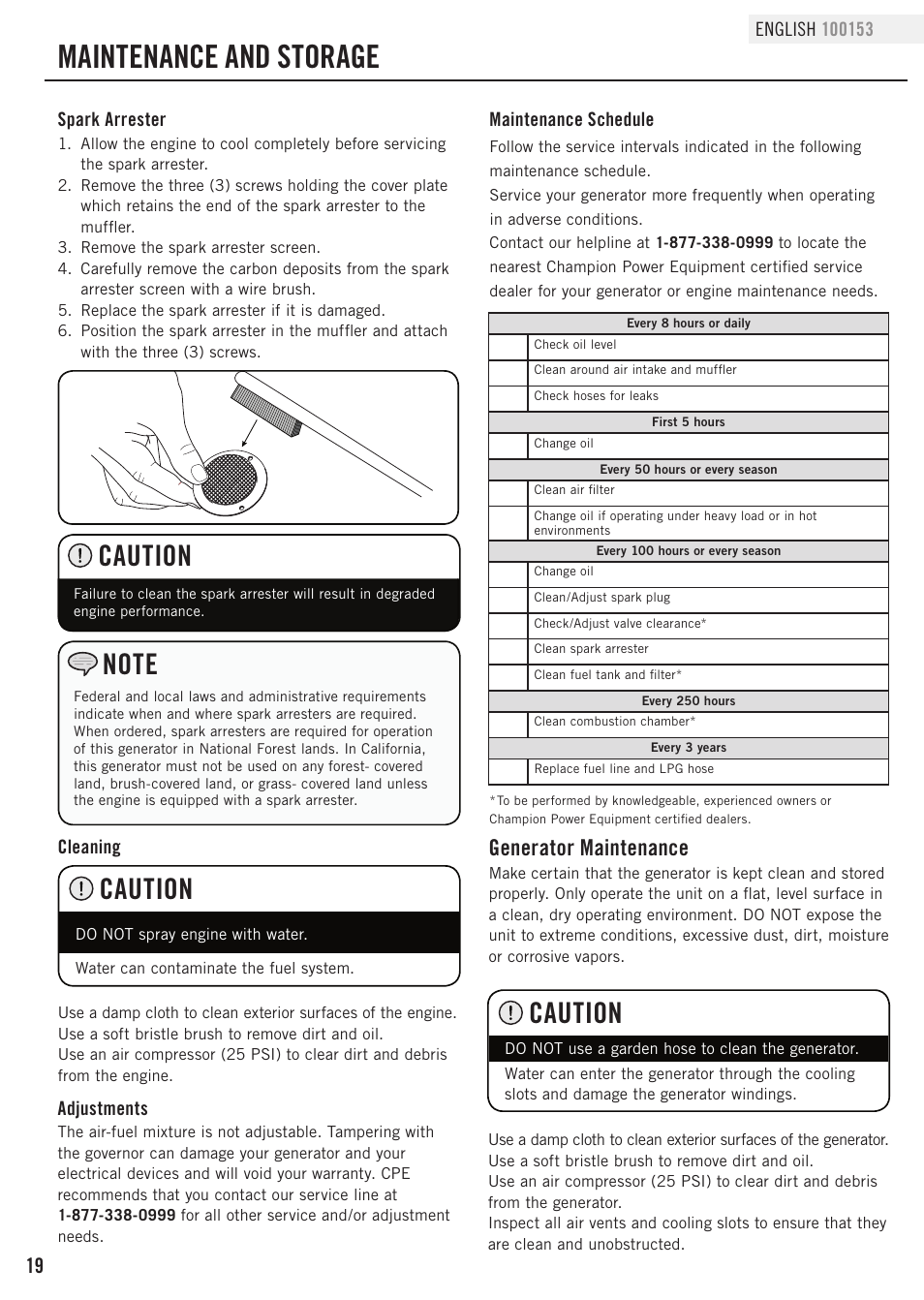 Maintenance and storage, Caution, Generator maintenance | Champion Power Equipment 100153 User Manual | Page 22 / 34