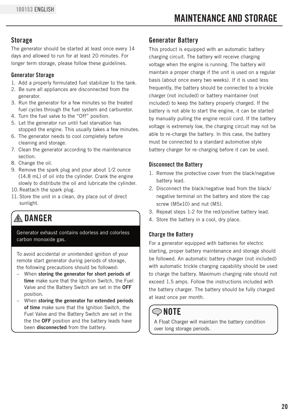 Maintenance and storage, Danger, Storage | Generator battery | Champion Power Equipment 100153 User Manual | Page 23 / 34