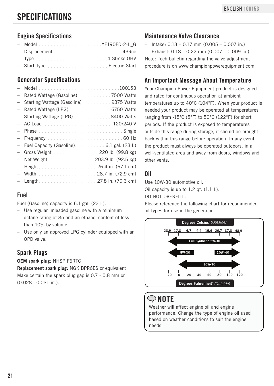 Specifications, Fuel, Engine specifications | Generator specifications, Maintenance valve clearance, Spark plugs, An important message about temperature | Champion Power Equipment 100153 User Manual | Page 24 / 34