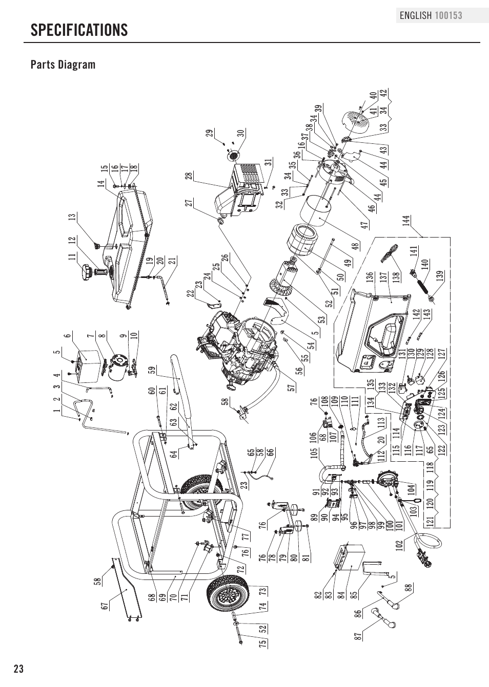 Specifications, Parts diagram | Champion Power Equipment 100153 User Manual | Page 26 / 34