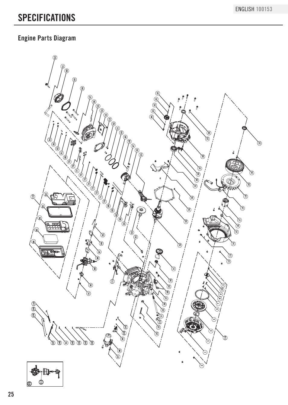 Specifications, Engine parts diagram | Champion Power Equipment 100153 User Manual | Page 28 / 34