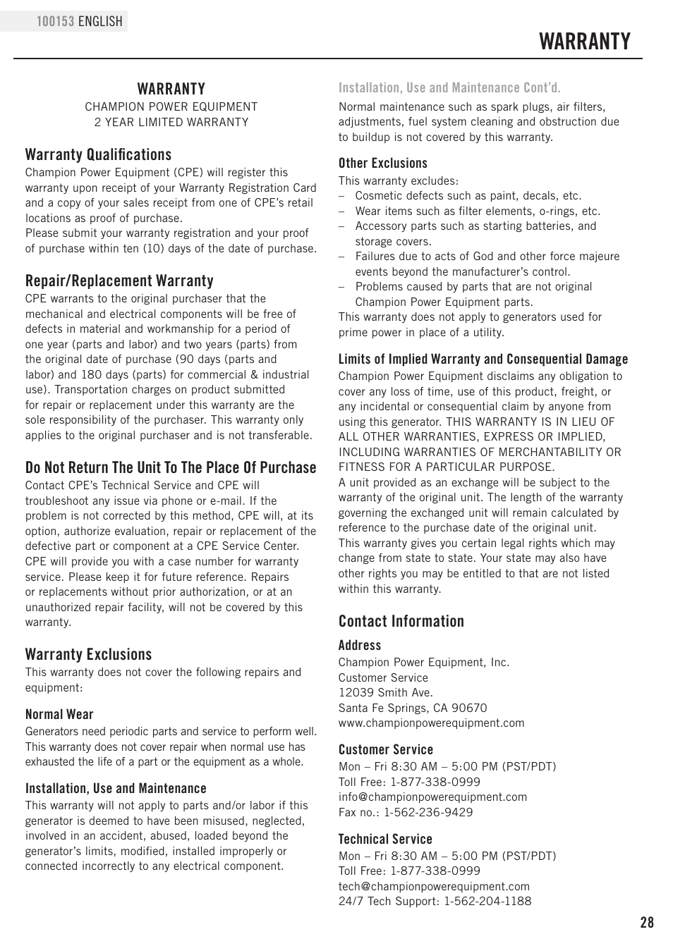 Warranty, Warranty qualifications, Repair/replacement warranty | Do not return the unit to the place of purchase, Warranty exclusions, Contact information | Champion Power Equipment 100153 User Manual | Page 31 / 34