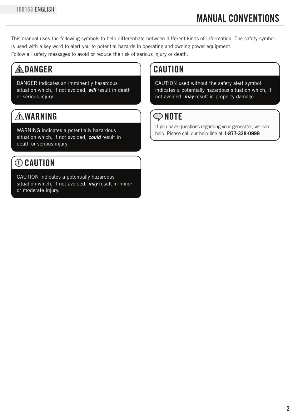 Manual conventions, Caution, Danger | Warning | Champion Power Equipment 100153 User Manual | Page 5 / 34