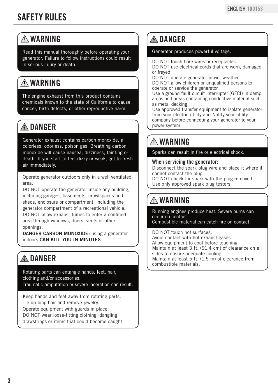 Safety rules, Danger, Warning | Champion Power Equipment 100153 User Manual | Page 6 / 34