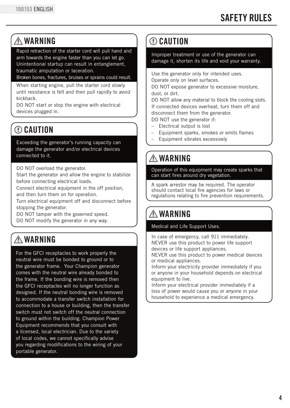 Safety rules, Caution, Warning | Champion Power Equipment 100153 User Manual | Page 7 / 34