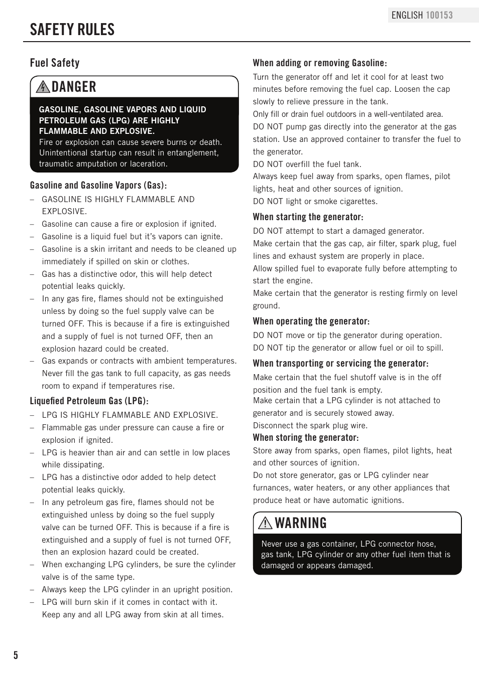 Safety rules, Danger, Warning | Fuel safety | Champion Power Equipment 100153 User Manual | Page 8 / 34