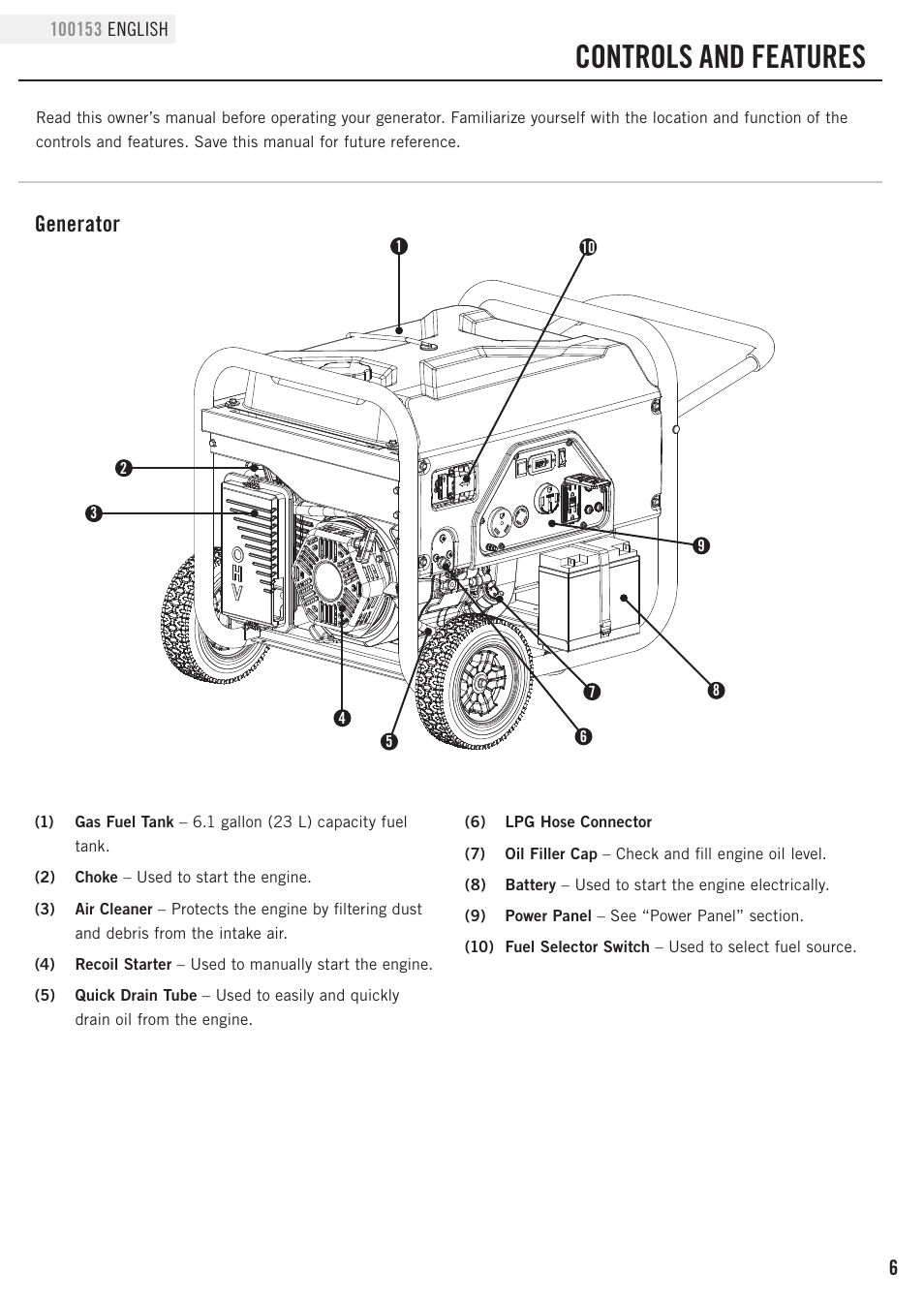 Controls and features, Generator | Champion Power Equipment 100153 User Manual | Page 9 / 34