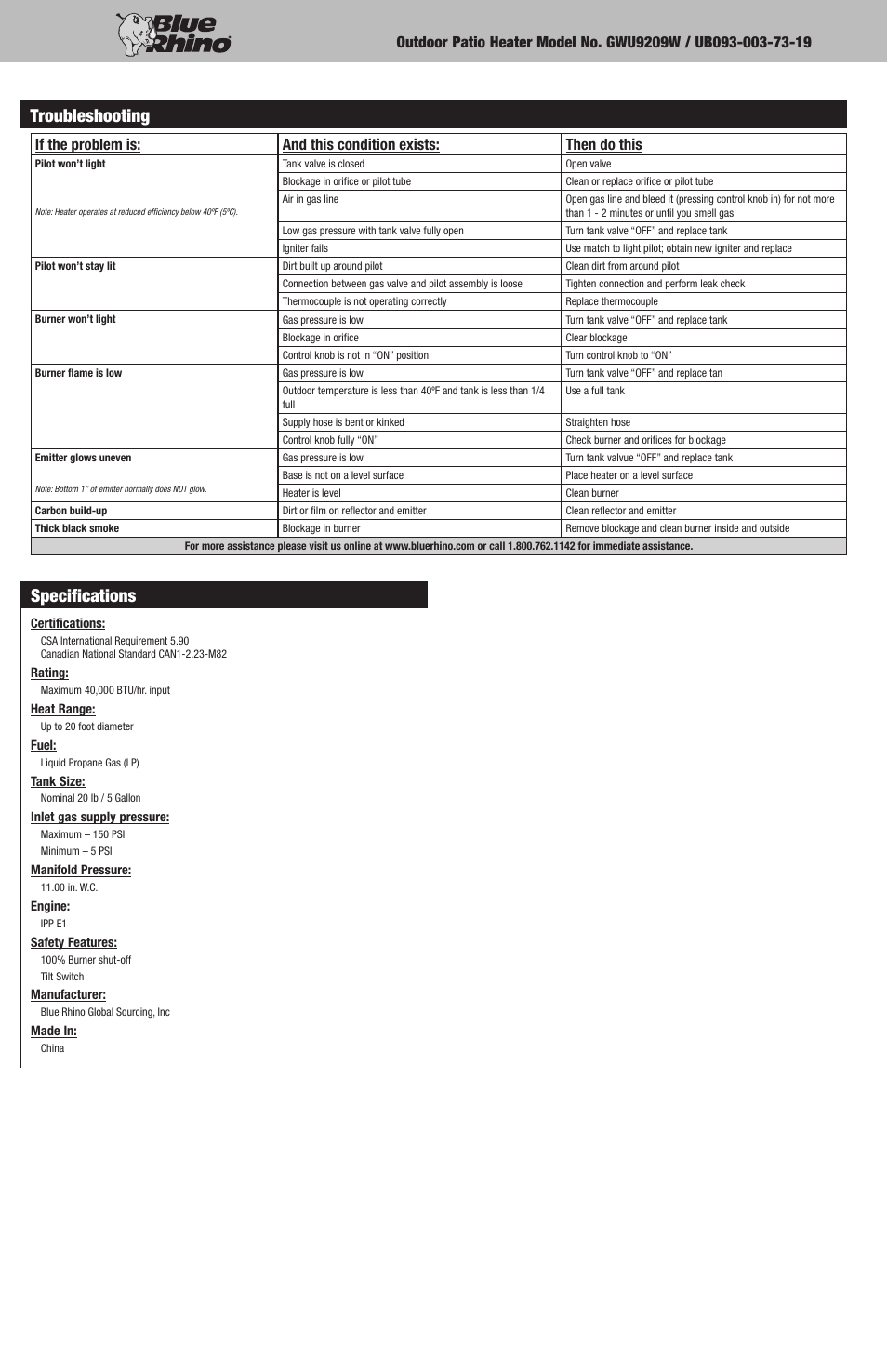 Specifications, Troubleshooting | Blue Rhino GWU9209W User Manual | Page 10 / 20