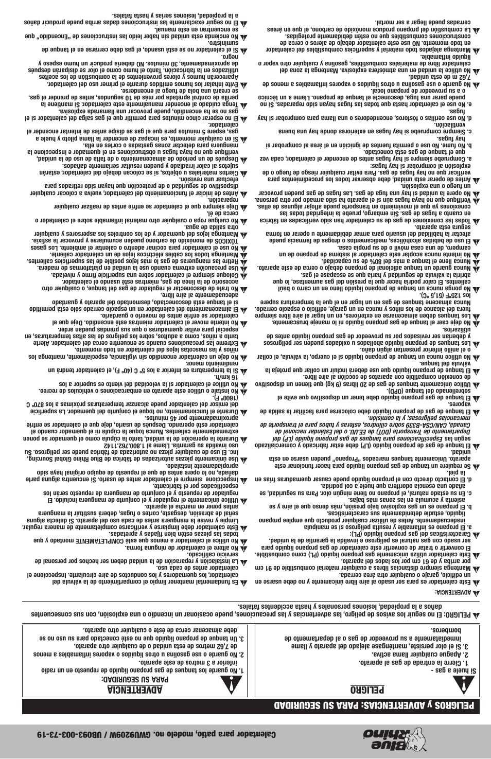 Peligro, Peligros y advertencias: para su seguridad, Adver tencia | Blue Rhino GWU9209W User Manual | Page 19 / 20